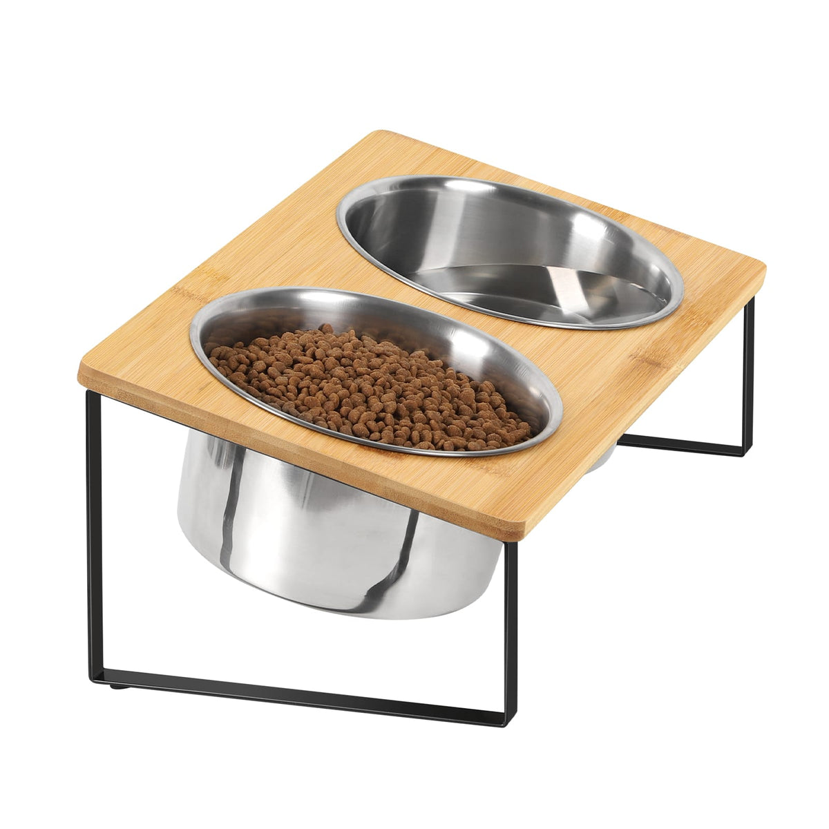 Oumilen - Elevated Bamboo Double Pet Bowls, Raised Stainless Steel Dog Cat Feeder with Anti-Slip Metal Stand - Black