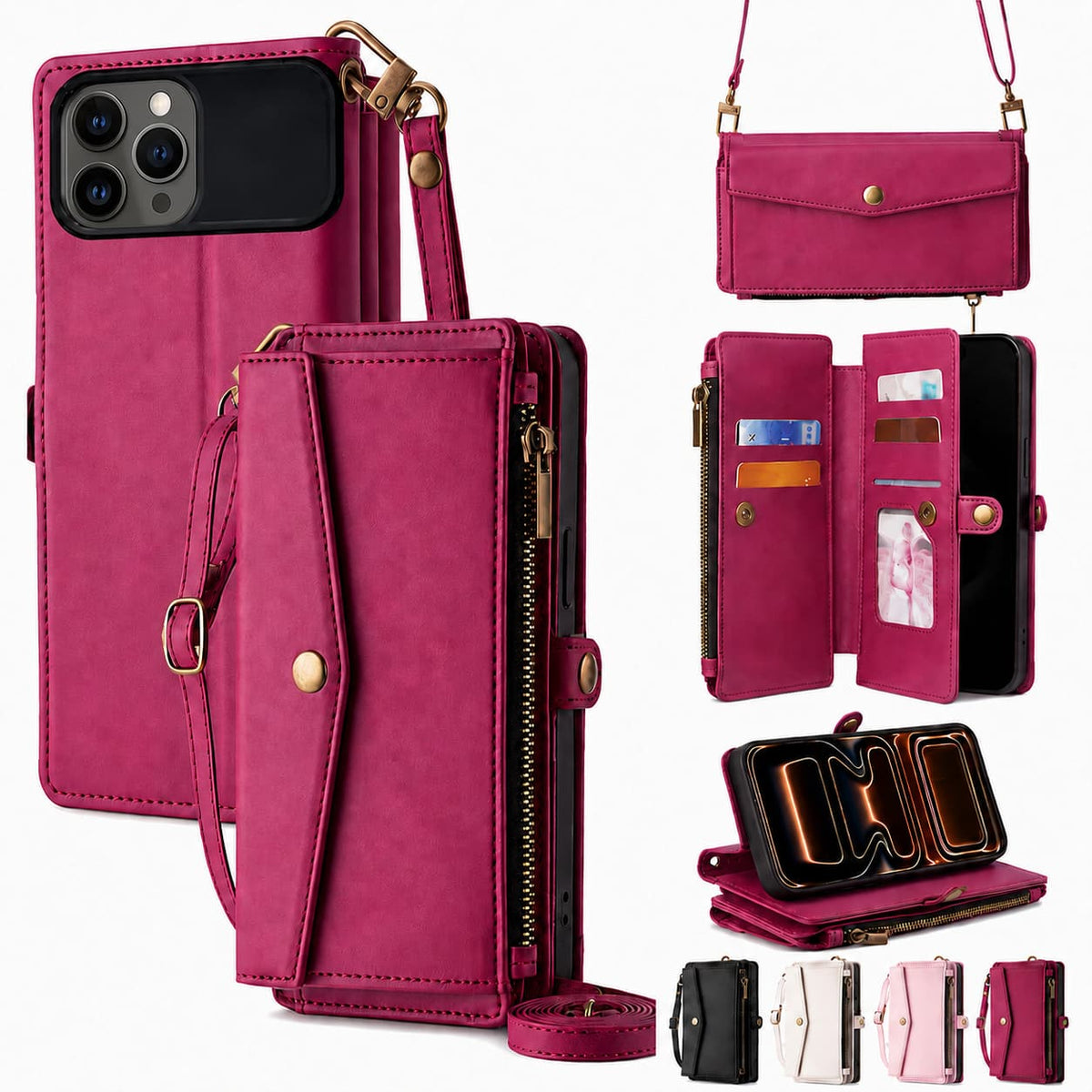 Topteng - 6-in-1 Wallet Case for iPhone 12 & 12 Pro Max with Wrist & Crossbody Straps, Zipper Pocket, Card Holders - iPhone 12 Pro Max Red
