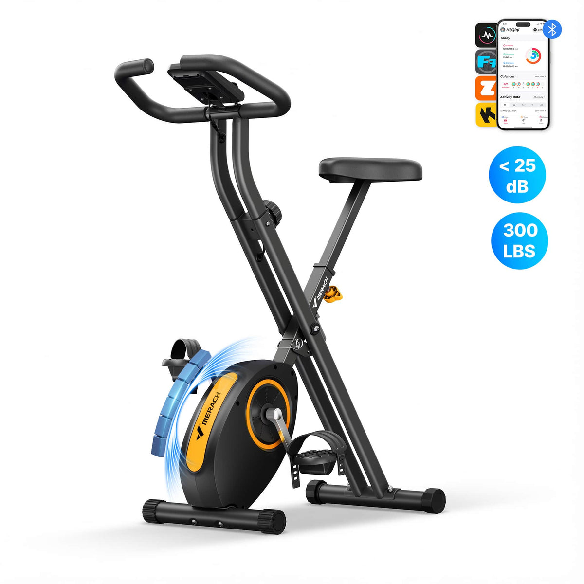 MERACH - Folding Magnetic Exercise Bike with LCD Display, Comfortable Seat, Space Saving, Cardio Training, 300 lbs - Orange