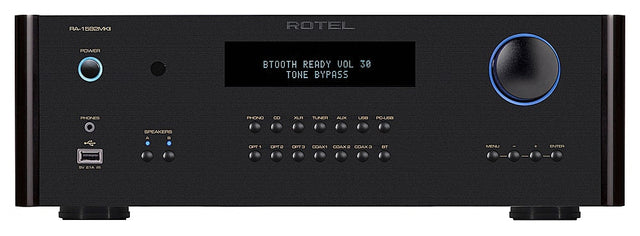 RA-1592MKI ROTEL POWER BTOOTH READY VOL 30 TONE BYPASS PHONES PHONO CD XLR TUNER AUX USB PC-USB SPEAKERS A OPT1 CPT2 OPT COAX1 COAX2 COAX3 BT MENU ENTER