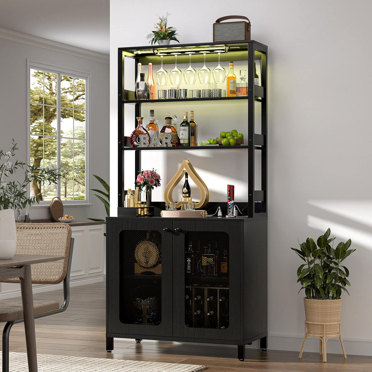 Aheaplus - 67'' Tall Wine Cabinet with LED Light and Power Strip, Liquor Cabinet with Glass Holder & Shelves - Black