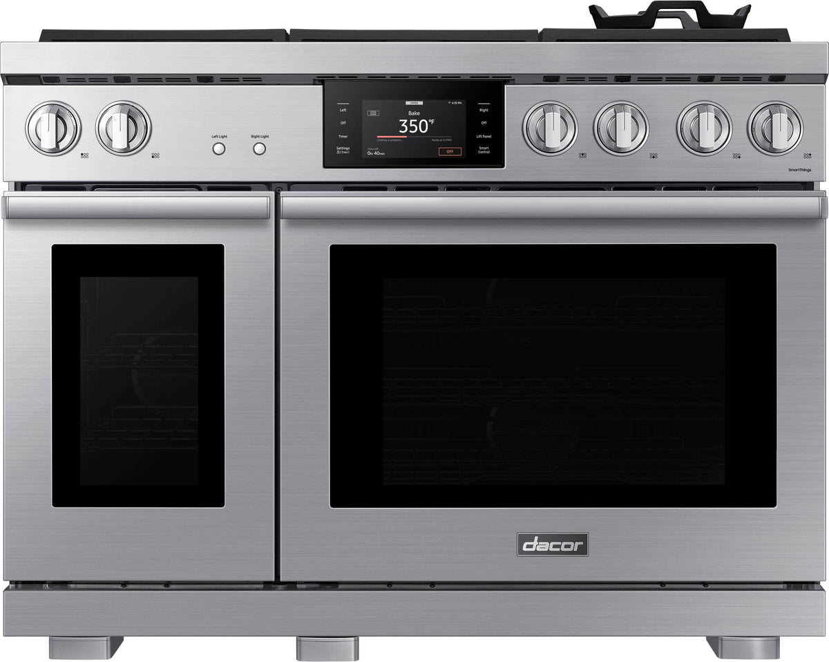 Dacor - 48 in. Wide 6 Burner Transitional 8.8 Cu. Ft. Slide-In Dual Fuel Four-Part Pure Convection Range with GreenClean - Silver Stainless Steel