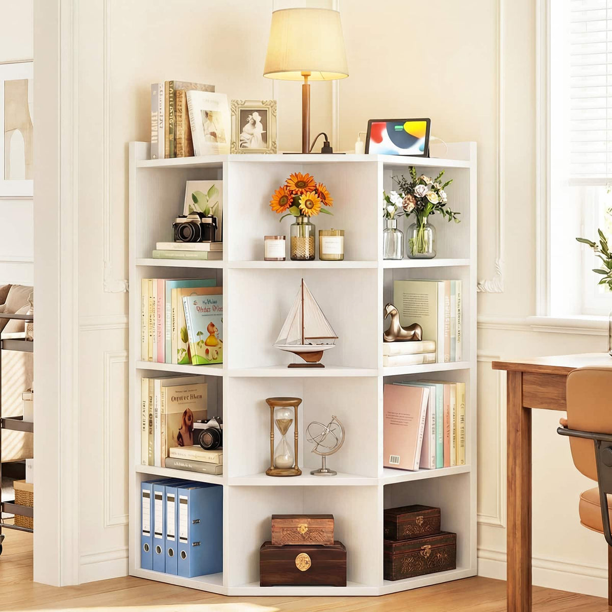 Aheaplus - 5-Tier Corner Cabinet with Power Outlets:12-Cube L-Shaped Storage Shelf with Top Table, Wooden Bookcase for Home/Office - White