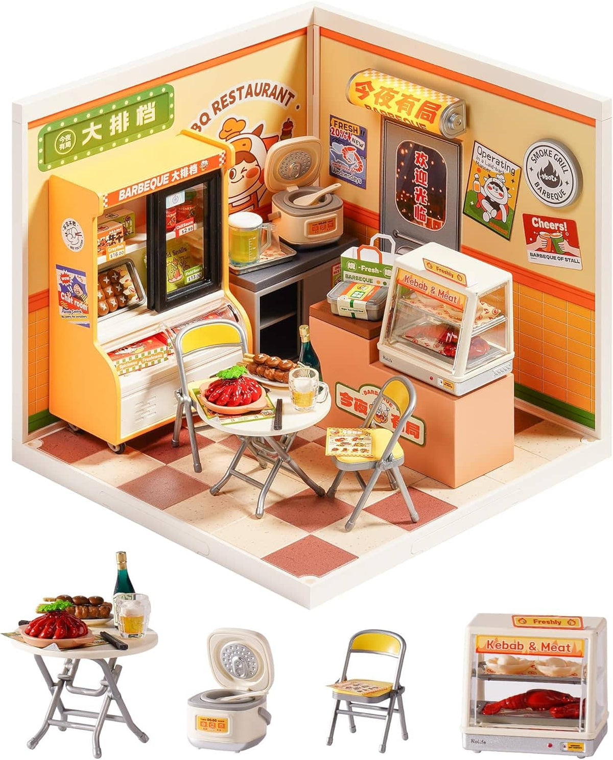 Robotime - Rolife Super Creator Series, DIY Mini Night Out Food Stall Dollhouse House Kit, Build for Action Collectible Figures - Brown
