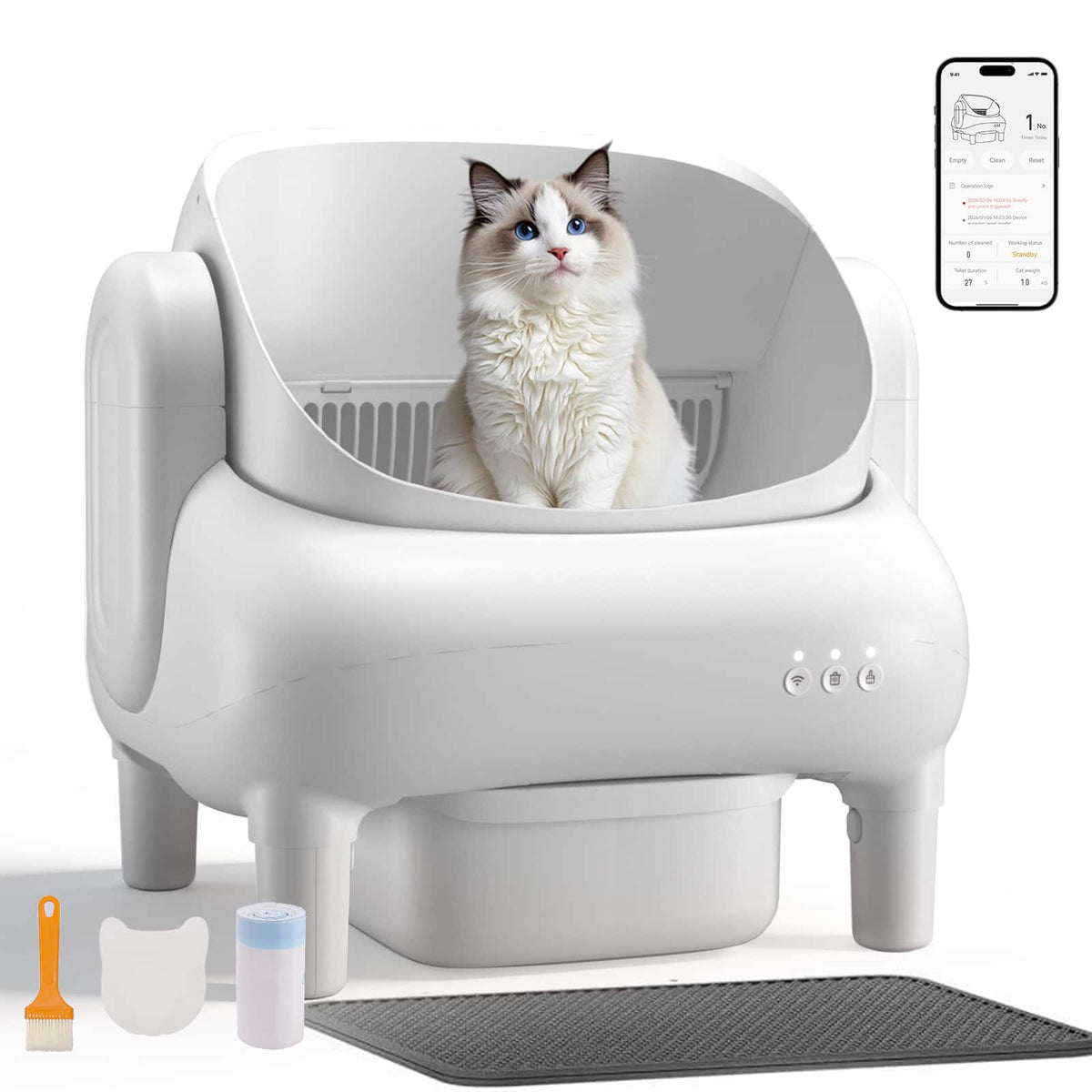 CloudRest Pro - Self Cleaning Litter Box Ultra-Quiet Open Top Cat Automatic Litter Box APP Control - White