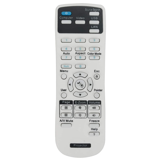 Source Search  
Computer Video USB LAN  
1 2 3 4 Auto 7 5 6 Aspect Color Mode 8 9 Num Menu 0 Esc  
User Pointer Page E-Zoom Volume  
A/V Mute Freeze Help ?  
Projector