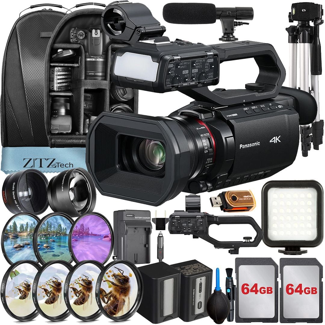Bundle - Panasonic - HC-X2100 Camcorder UHD 4K + 2x 64GB Card + Backpack + LED Flash + Wide Angle + ZeeTech - Black