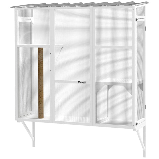 Front. Pawhut - Outdoor, Window Catio for 2-3 Large Indoor Cats w/ 2 Jumping Platforms, Scratching Post - White.