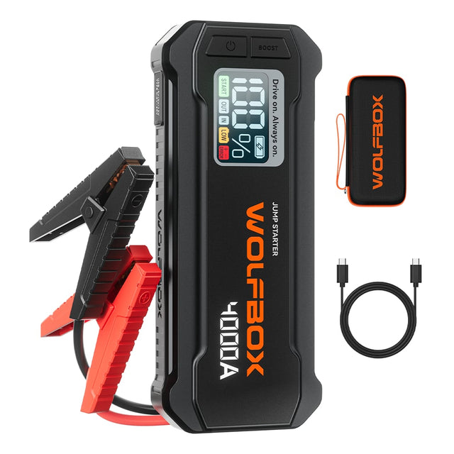 WOLFBOX  
JUMP STARTER 4000A  
Drive on. Always on.  
BOOST  
START  
OUT IN  
LOW  
ERROR %  
Drive on. Always on.  
WOLFBOX  
JUMP STARTER