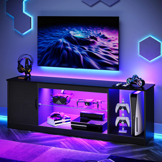 Front. Bestier - Fits up to 65" TVs Gaming Entertainment Center with Adjustable Shelves for PS5 57"TV Stand - Black carbon fiber.