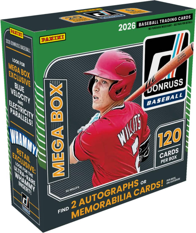 2026 Panini Donruss Baseball Trading Cards - 12 Pack - 2026 Purchase Necessary - No Panini

Look for Mega Box Exclusive Blue Velocity and Electricity Parallels! 

Whammy! Retail Exclusive: Look for the Ultra-Rare Whammy Insert! 

120 Cards per Box 

Find 2 Autographs or Memorabilia Cards!
