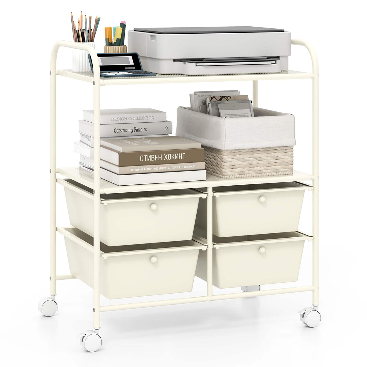 Gymax - Rolling Storage Cart w/4 Drawers & 2 Shelves Multipurpose Plastic Trolley on - White