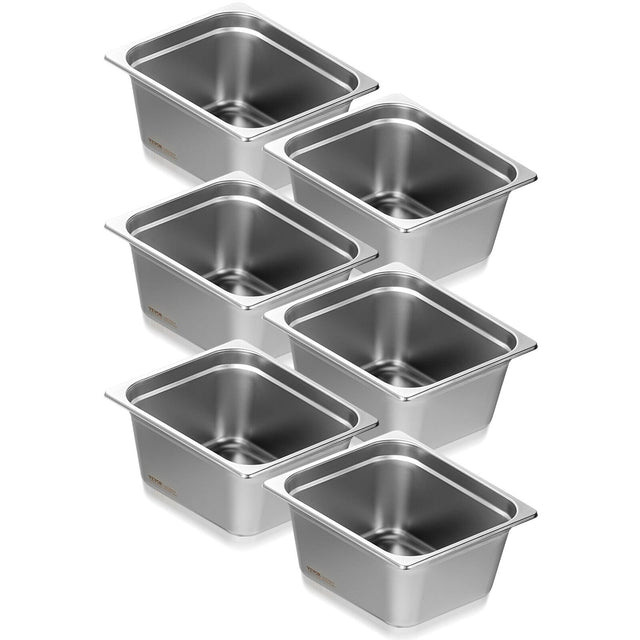 Front. VEVOR - 6 Pack Hotel Pans, 1/2 Size Anti-Jam Steam Pan, 0.8mm Thick Stainless Steel Restaurant Steam Table Pan - Stainless steel color.