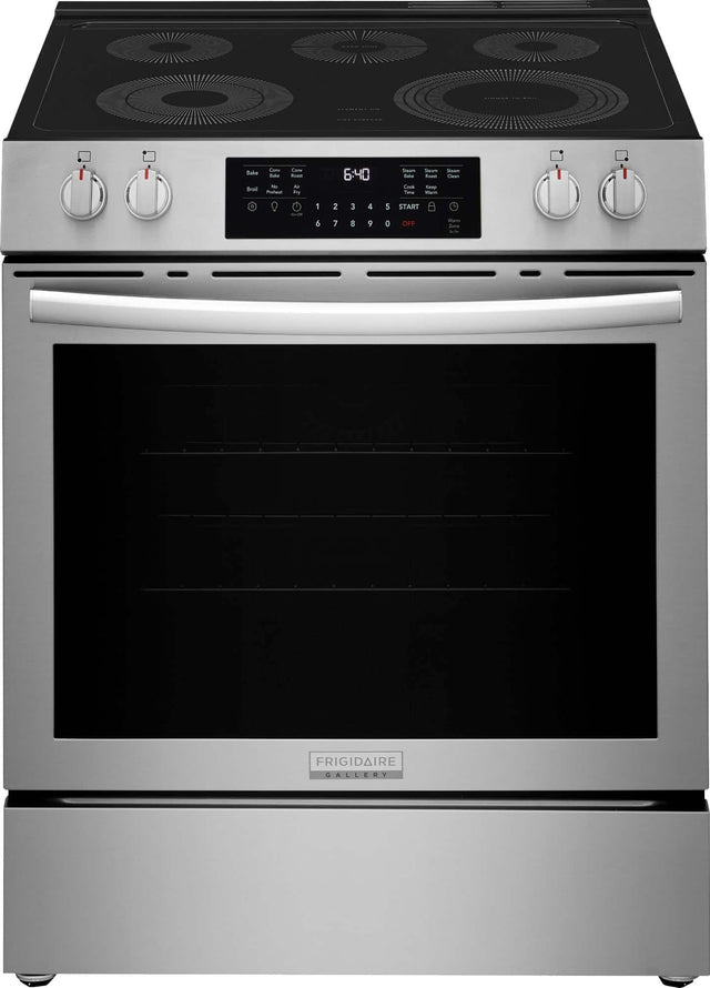 The text on the image reads: "Cars I Bake Sde - - - Broil Paheat dy 6:40 Seca - Cond Tim -a - - - S Cean - 1 6 2 7 3 8 4 9 5 O START OFF W/ -.. Frigidaire Gallery."