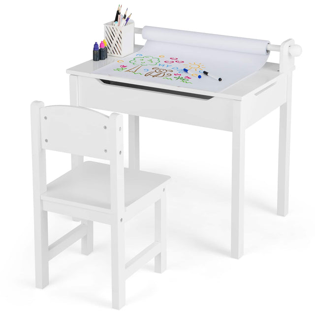 Front. Costway - Costway Toddler Craft Table & Chair Set Kids Art Crafts Table withPaper Roll Holder - White.