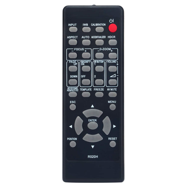 INPUT  
IWB  
CALIBRATION  
ASPECT  
AUTO  
ACCENTUALIZER  
HDCR  
FOCUS +  
D-ZOOM +  
PAGE UP  
MAGNIFY ON  
VOLUME +  
DOWN  
OFF  
2  
KEYSTONE  
TEMPLATE  
PERFECT FIT  
FREEZE  
AV MUTE  
ESC  
MENU  
ENTER  
RESET  
POSITION  
R020H