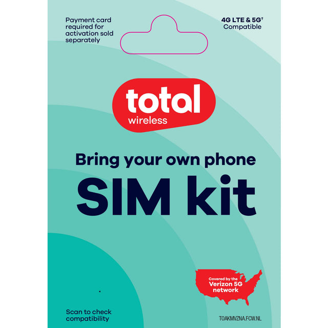 Payment card required for activation sold separately  
4G LTE & 5G+ Compatible  
total wireless  
Bring your own phone SIM kit  
Covered by the Verizon 5G network  
Scan to check compatibility  
TOAKMVZNA.FCW.NL