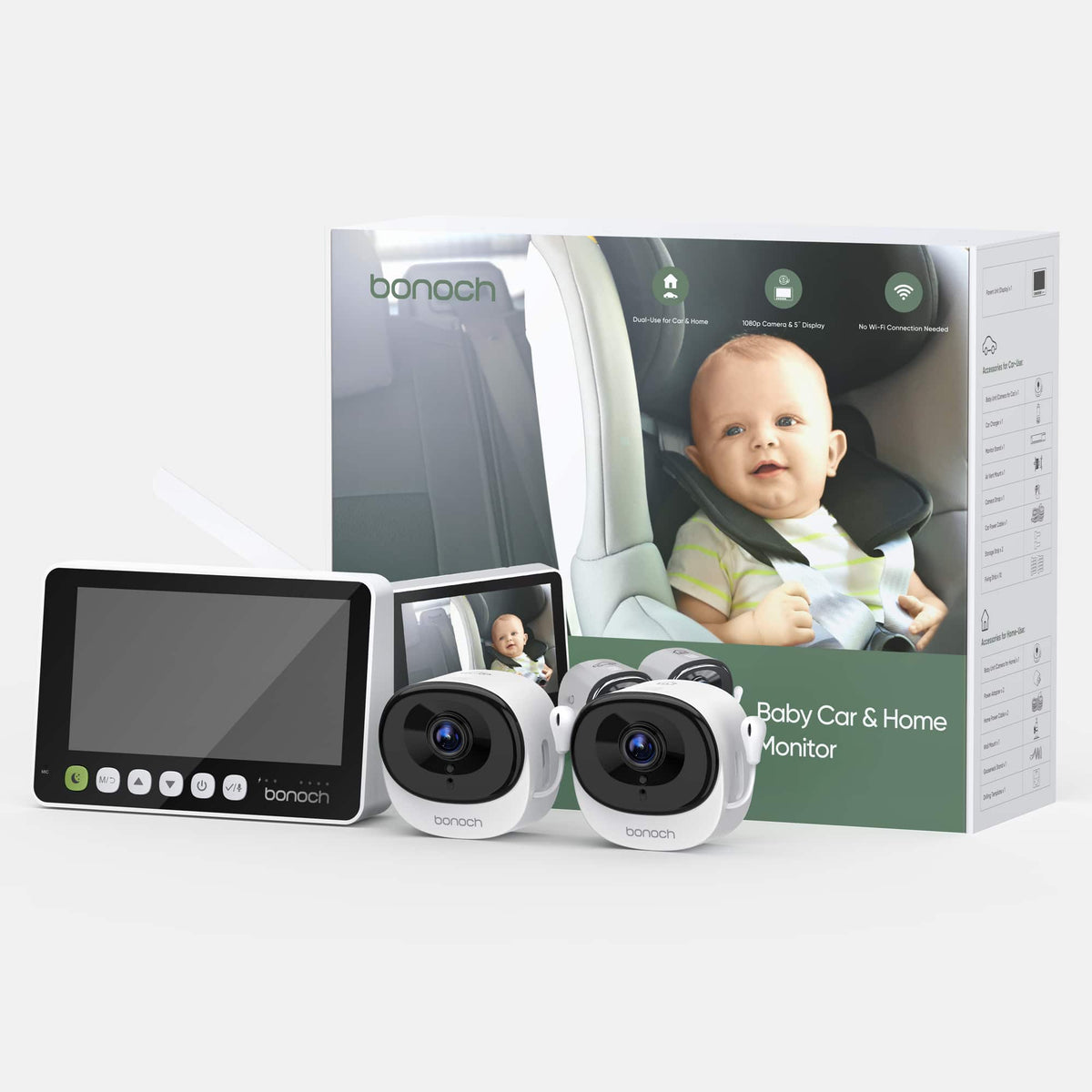bonoch - 2-in-1 Baby Monitor Car Home Dual-Use Baby Monitor, 5" 1080P Wireless Car Cameras - White