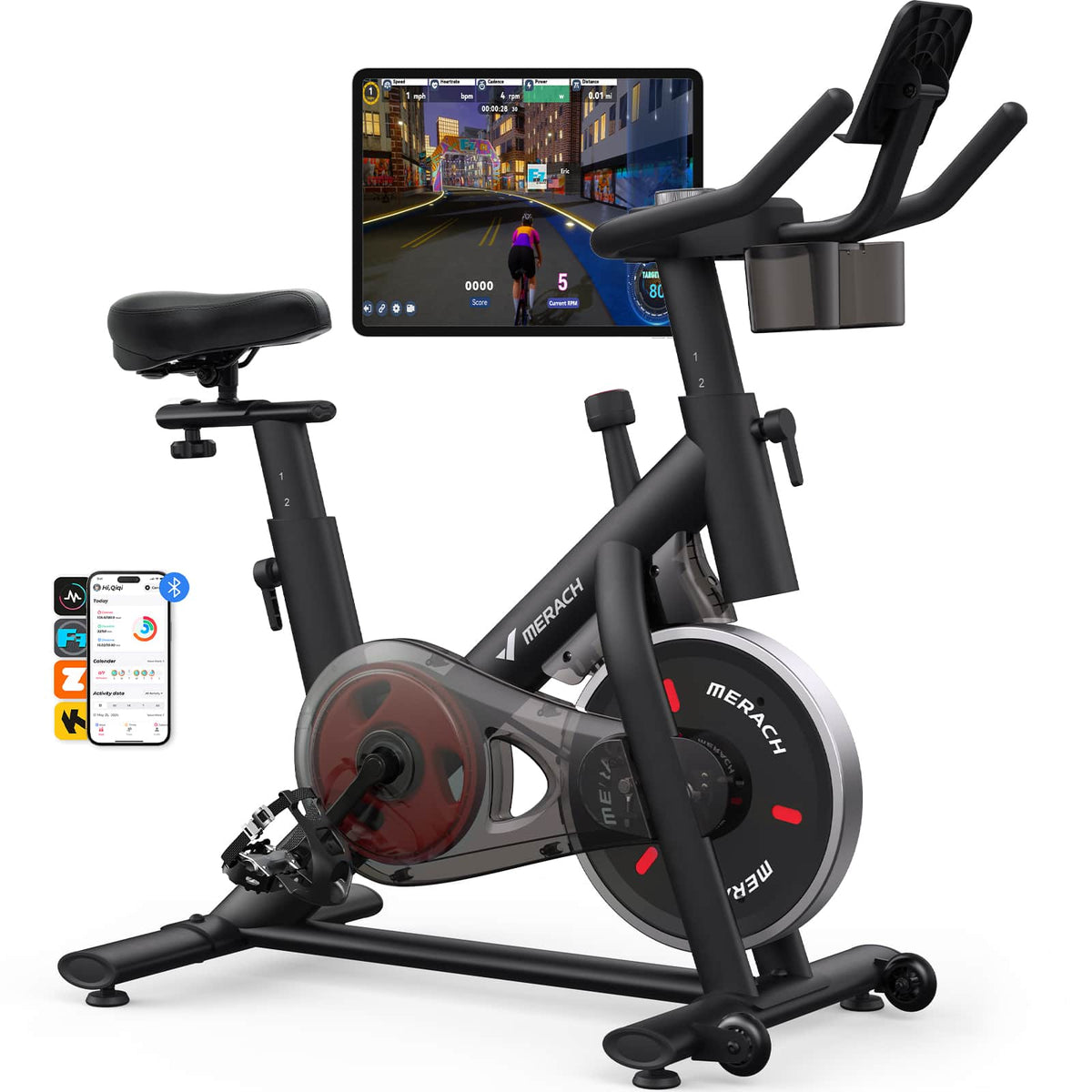 MERACH - Stationary Exercise bike with Exclusive Free APP, 330lbs, Silent Belt Drive, Adjustable Resistance, LED Monitor - Red