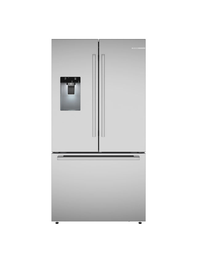 Front. Bosch - 500 Series 36 in. Wide 26 Cu. Ft. 3-Door French Door Smart Freestanding Refrigerator with External Water and Ice - Stainless Steel.