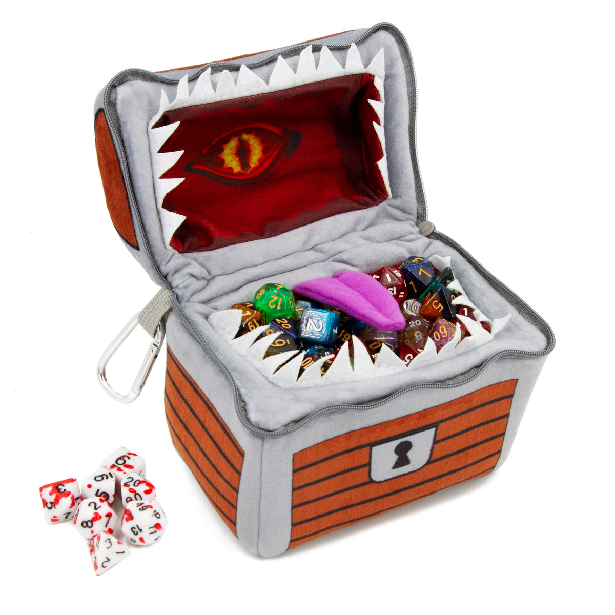 CASEMATIX - Mimic Dice Chest – Plush 6.5" DND Dice Case with Zipper, Carabiner & 7 RPG Dice Set, Holds Up to 150 Dice - Brown