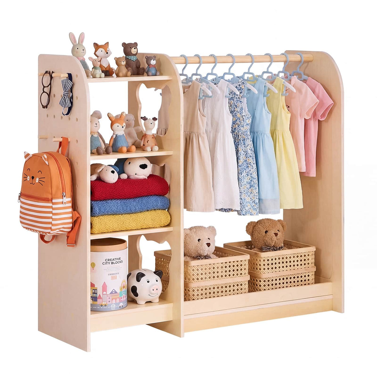 VEVOR - Kids Dress Up Storage, with Mirror, Wooden Kids Dress Up Rack, Toddler Wardrobe Closet for Little Girls, Storage Armoire - Natural Wood