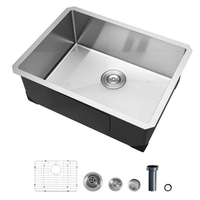 Front. VEVOR - 24-inch Kitchen Undermount Single Bowl Sinks, Stainless Steel Drop-In Farmhouse Basin with Accessories - Silver.