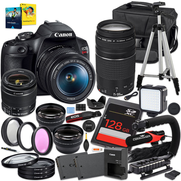 Bundle - Canon - EOS Rebel T7 DSLR with 18-55mm & 75-300mm Lenses, 128GB Card, Tripod, Mic & Accessories - Black