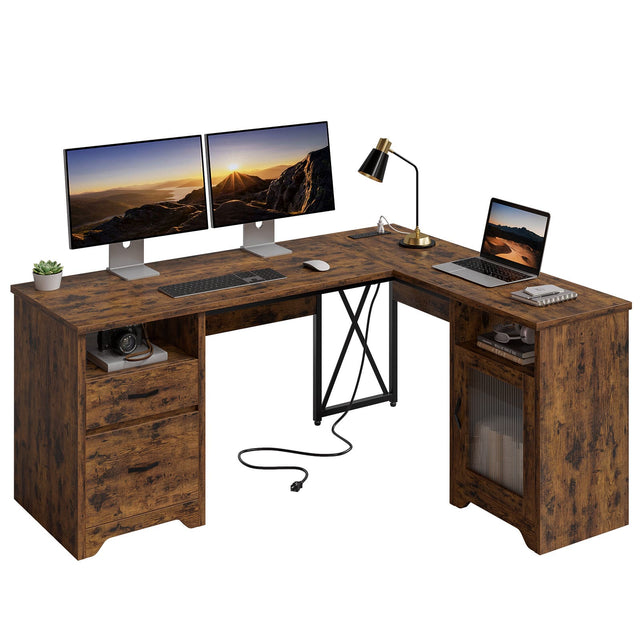 Front. Bestier - 63-inch L Shaped Desk with Monitor Stand & Drawers, LED Computer Desk with Charging Station & Cabinet - Rustic Brown.