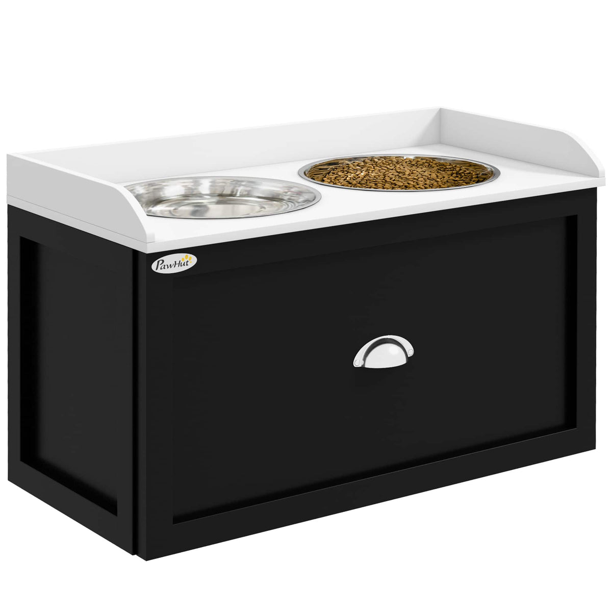Pawhut - Dog Feeding Station with Storage Drawer, Dog Food Storage Cabinet with 2 Removable Bowls for Dogs - White, Black