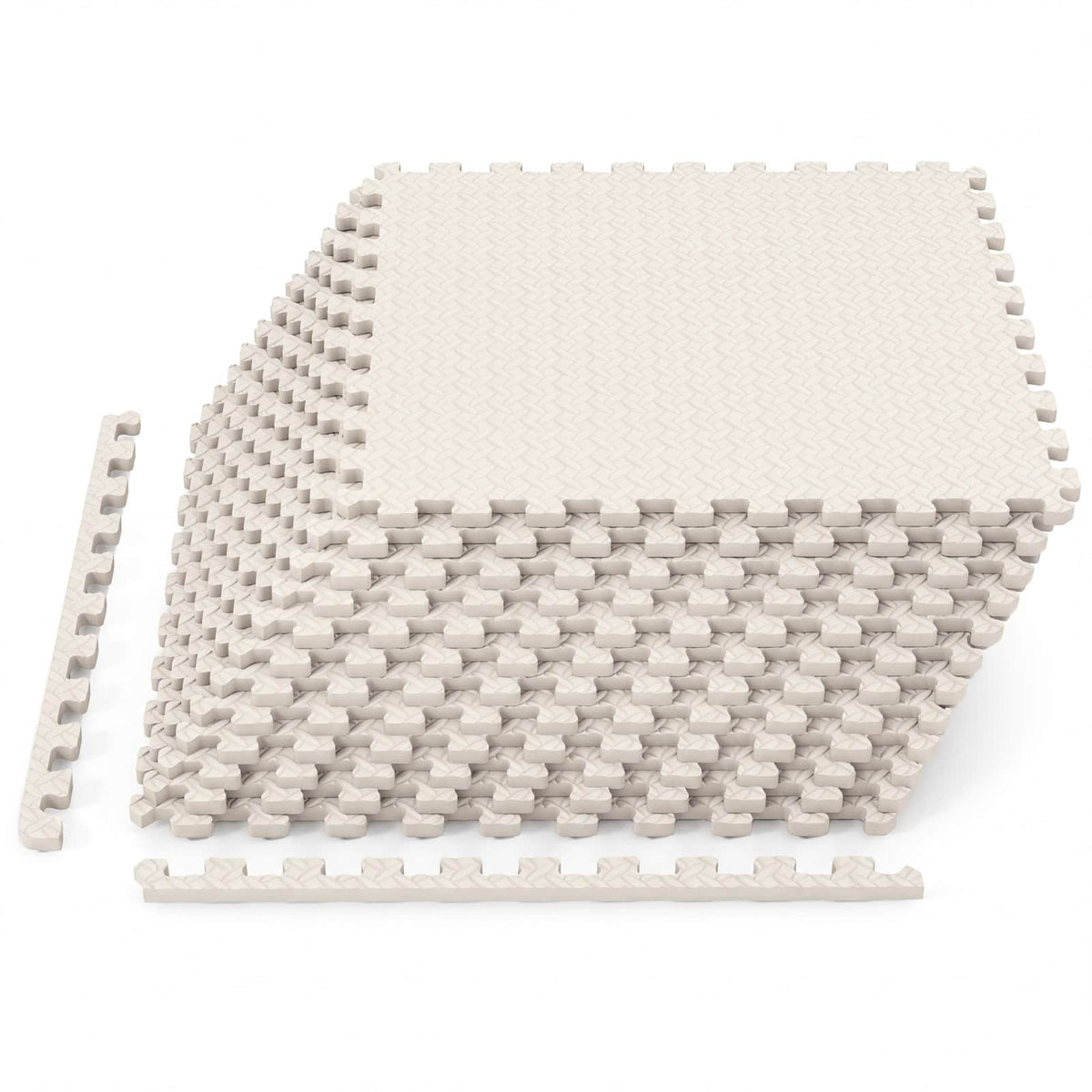Costway - 12 Tiles 25" x 25" Puzzle Exercise Mat with Borders for Home Gym Playroom 51.5 sq.ft - Beige