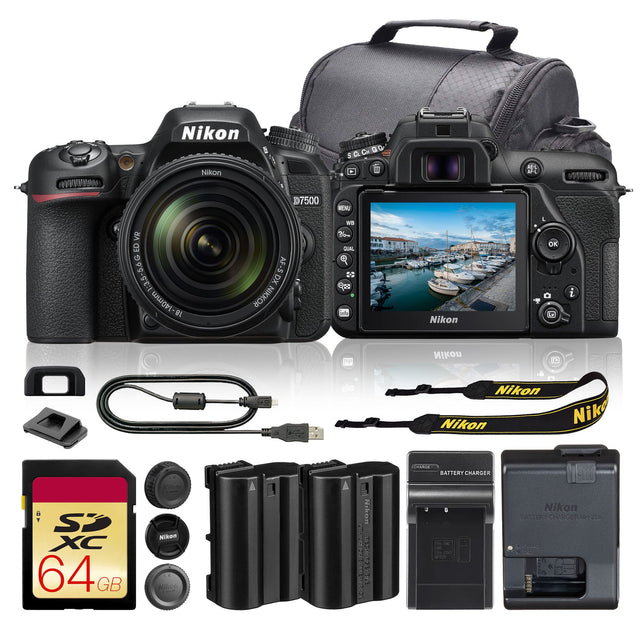 Nikon D7500 with 14-140mm f/3.5-5.6G ED VR DX NIKKOR AF-S DX NIKKOR Lens

Includes:
- Nikon Battery Charger
- SD XC 64 GB Memory Card
- Nikon Camera Bag
- Nikon Strap
- USB Cable
- Additional Batteries
