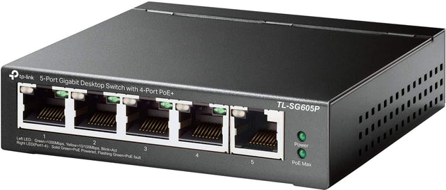 tp-link 5-Port Gigabit Desktop Switch with 4-Port PoE+ TL-SG605P

1. Left LED: Green = 1000Mbps
2. Right LED (Port1-4): 
   - Yellow = 10/100Mbps
   - Solid Green = PoE
   - Blink = Act
   - Flashing Green = PoE fault
3. Powered
4. PoE Max