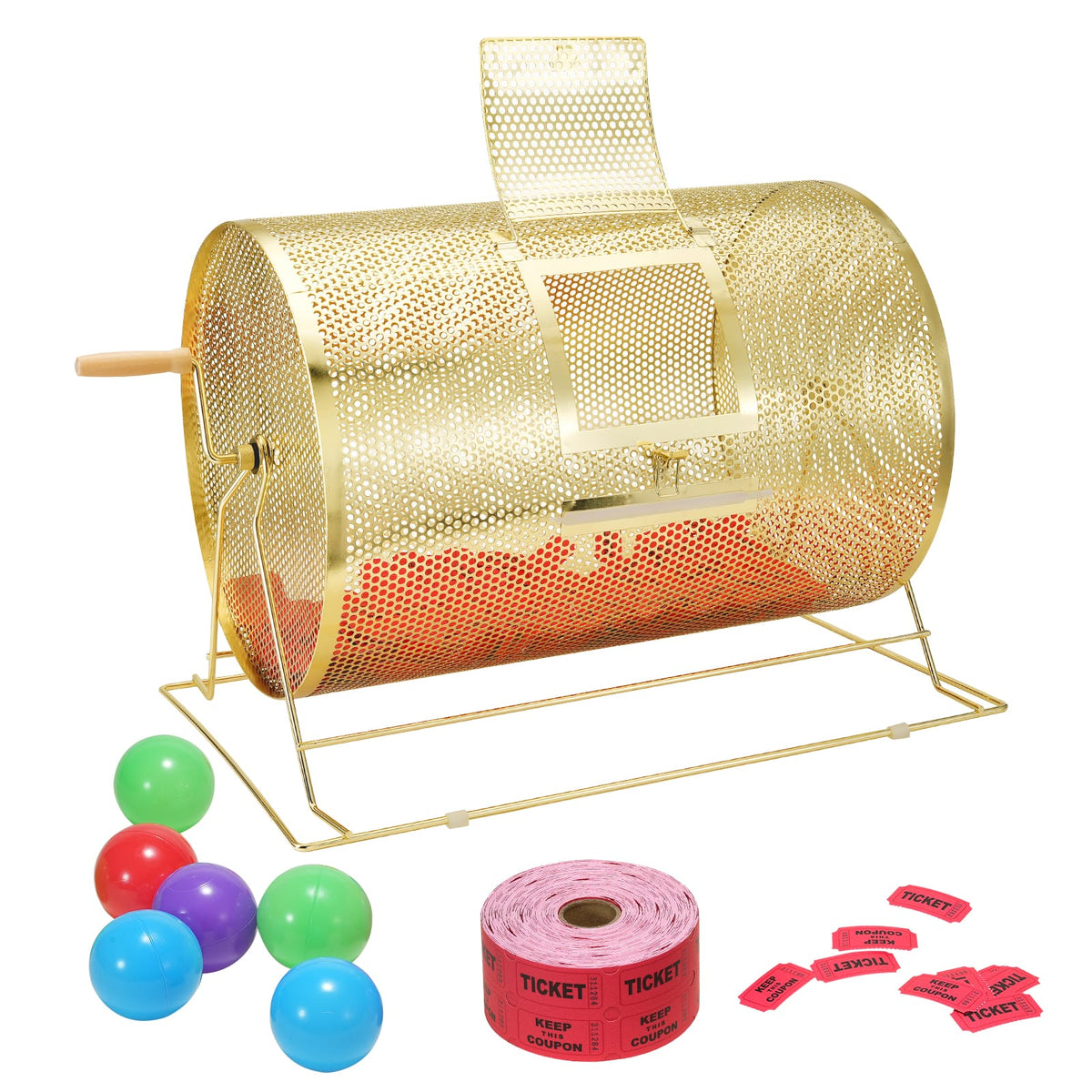 VEVOR - Raffle Drum,Holds 10000 Tickets or 300 Ping Pong Balls, Metal Lottery Spinning Drawing with Wooden Turning Handle - Gold