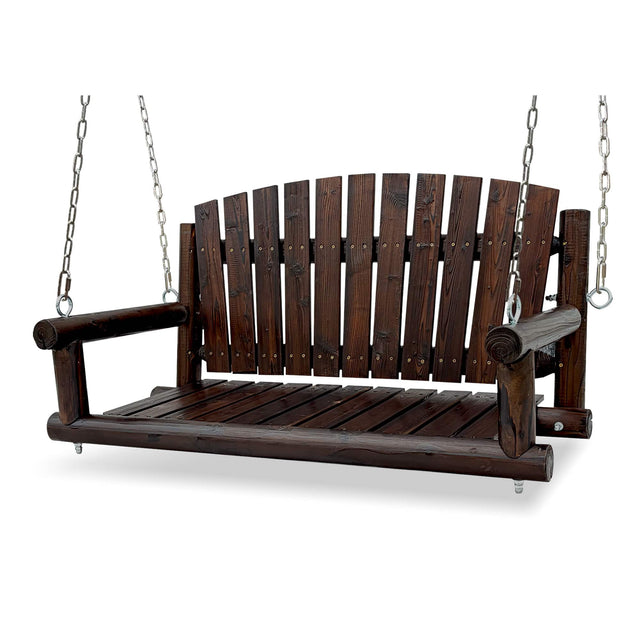 Front. Fortune Candy - 4 FT Rustic Fir Wood Porch Swing, Handcrafted Outdoor Hanging Bench, Heavy-Duty 900lbs for Patio Garden - Deep Brown.