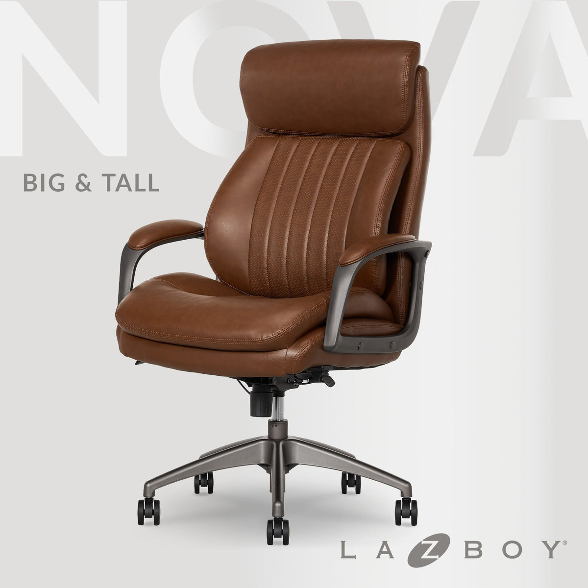 La-Z-Boy - Ergonomic Big and Tall Office Chair with Lumbar Support & Padded Arms Leather Adjustable Reclining Computer Chair - Cognac