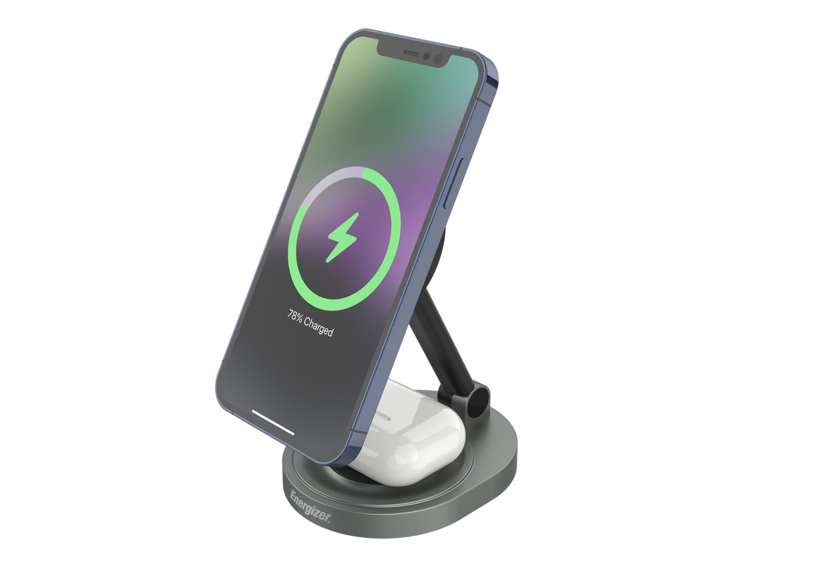 Energizer - 2-in-1 15W Magnetic MagSafe/Qi2 Compatible Fast 15W Charger, Charging Station/Stand for iPhone + AirPods + Apple Watch - Black