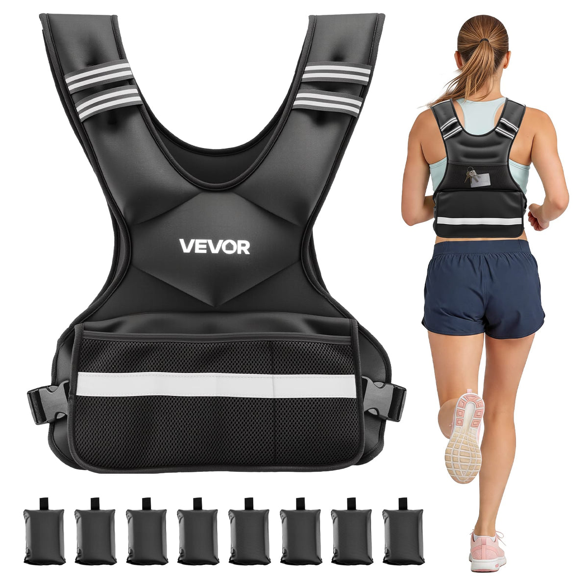VEVOR - Adjustable Weighted Vest, 24-40 lbs Comfortable X-Shape Body Weight Vest Set with 8 Weight Packs and Reflective Stripe - Black
