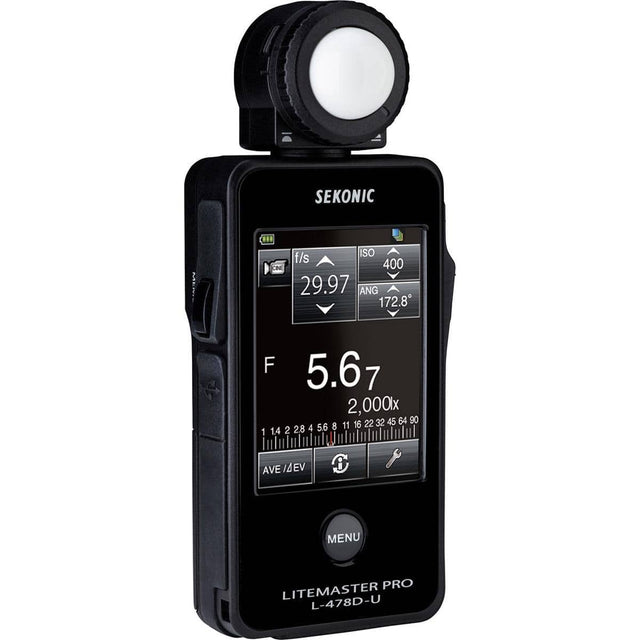 SEKONIC  
ISO f/s CINE 400  
29.97  
ANG 172.8  
F 5.67  
2,000x  
16 22 32 45 64 90  
28 4 5.6 8 11 1 1.4 2  
AVE /4EV  
MENU  
LITEMASTER PRO L-478D-U
