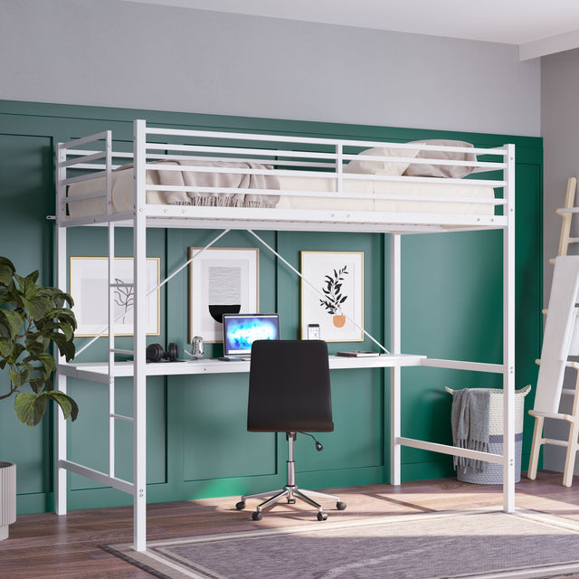 Front. Emma + Oliver - Jensen Metal Loft Bed Frame with Desk, Protective Guard Rails and Ladder for Kids, Teens and Adults - White.