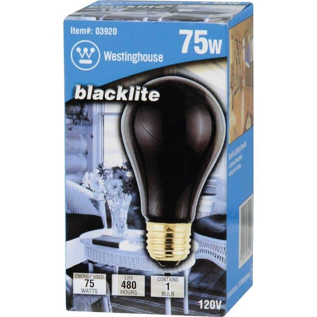 Item#: 03920  
Westinghouse  
blacklite  

75w  

ENERGY USED  
75 WATTS  

LIFE  
480 HOURS  

CONTAINS  
1 BULB  

120V