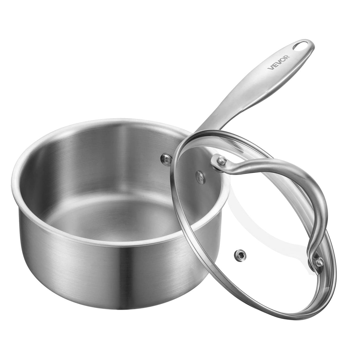 VEVOR - 1.5 QT Saucepan, Stainless Steel Saucepan with Glass Lid,Nonstick Stainless Steel Small Cooking Sauce Pot with Handle - Silver