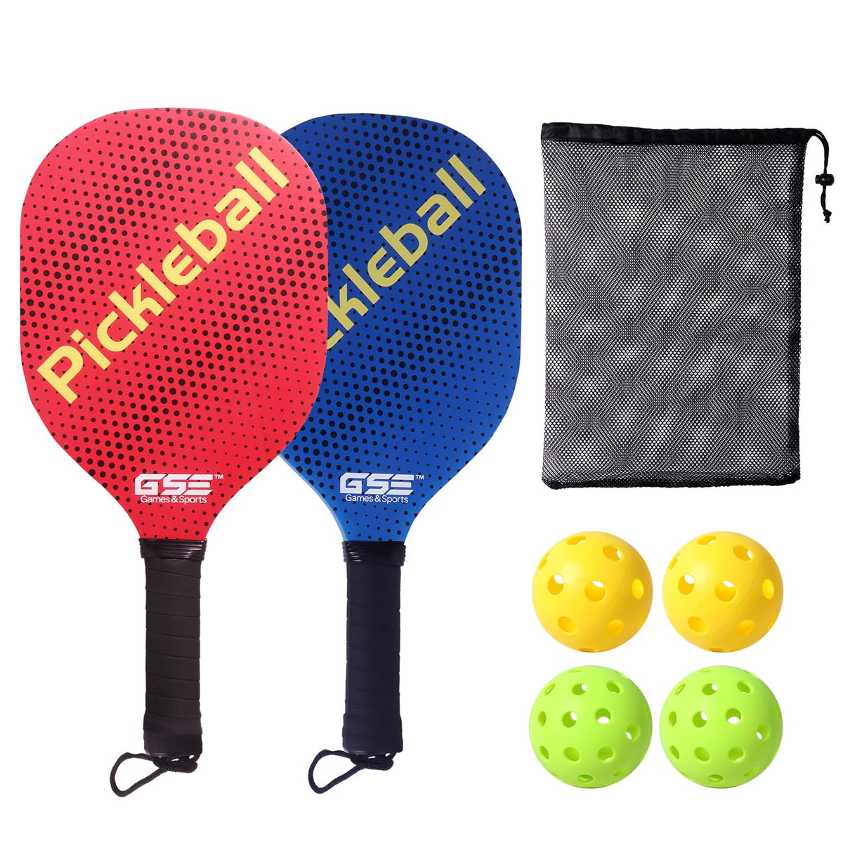 GSE Games & Sports Expert - Pickleball Paddles Set with 2 Pickleball Rackets & 4 Indoor/Outdoor Pickle-Balls & Mesh Carrying Bag - GREEN&YELLOW