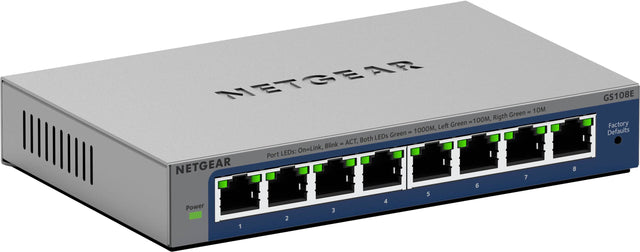 NETGEAR Green - 10M 00M, Right - Left Green Green - 1000M, Both LEDs Blink - ACT, LEDs: On=Link, Port I NETGEAR 7 6 5 4 Power 3 2 1 8 GS108E Factory Defaults