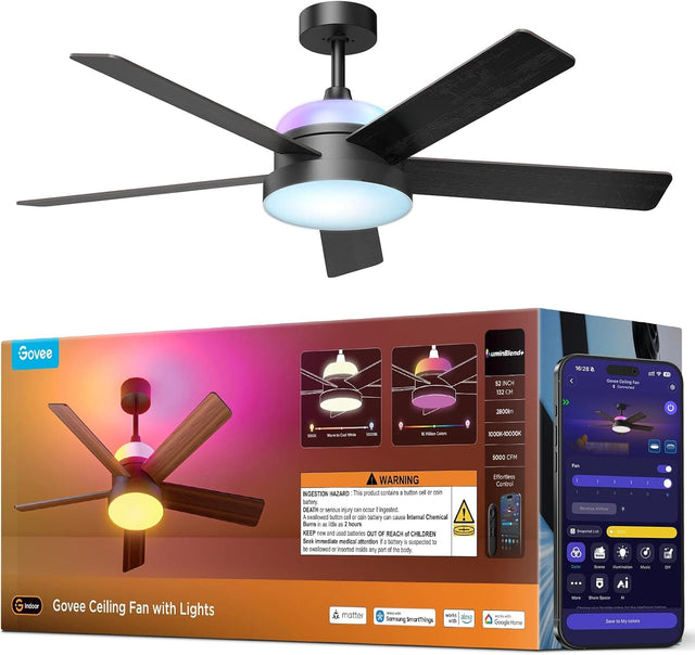 Govee Ceiling Fan with Lights

- **Dimensions:**
  - 52 INCH (132 CM)
  - 18 CM

- **Lighting:**
  - 2800K - 10000K
  - 5000 CFM

- **Features:**
  - Effortless Control
  - Compatible with Samsung SmartThings, Google Home, Alexa

- **Warning:**
  - INGESTION HAZARD
  - This product contains a button cell or coin cell battery. If swallowed, it can cause serious injury or death. Keep out of reach of children. If swallowed or inserted into any part of the body, seek immediate medical attention.

- **Note:**
  