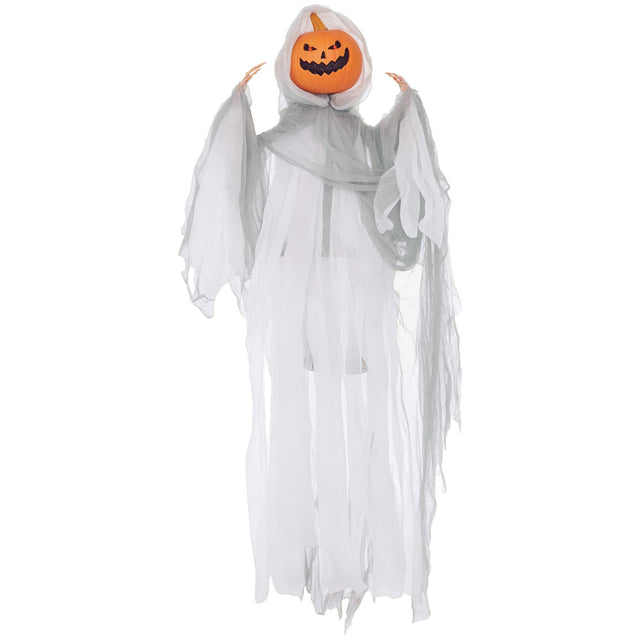 Front. Homcom - 3.9' Outdoor Hanging Halloween Decoration, Pumpkin Ghost, Sound Activated Prop with Light Up Eyes & Creepy Howling Sound - Green.