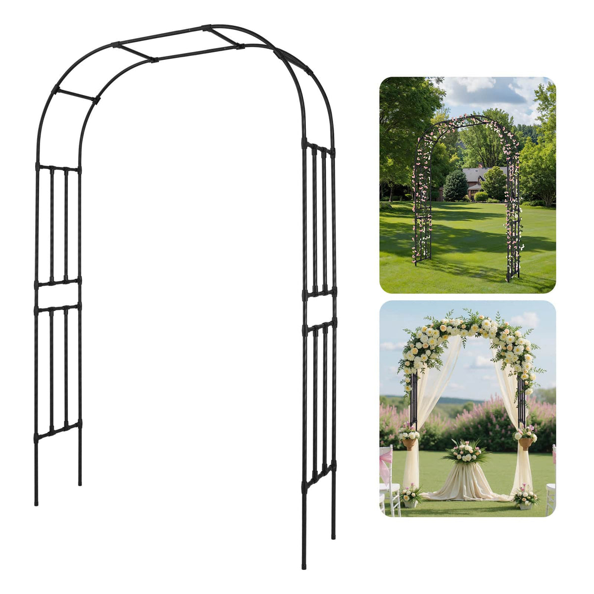VEVOR - Garden Arbor, 94.5 (H) x 59 (W) x 15.8 (D) in Metal Archway, Sturdy Outdoor Trellis Arch with Stakes, Easy to Assemble - Black
