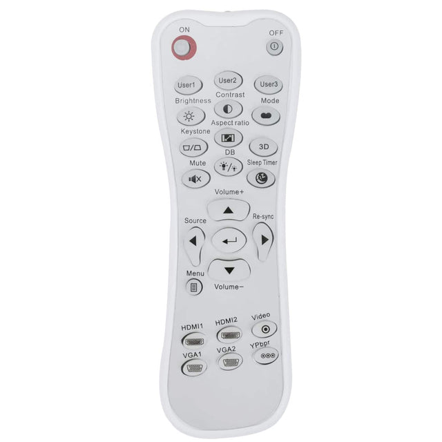 ON OFF  
User1 User2 User3  
Contrast Brightness  
Aspect ratio Keystone  
Mute DB 3D Sleep Timer  
Volume+ Volume-  
Source Re-sync Menu  
HDMI1 HDMI2 Video  
YPbpr VGA2 VGA1
