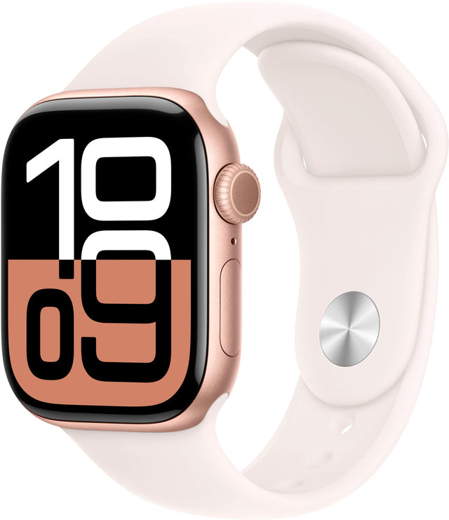 Angle. Apple - Apple Watch Series 10 (GPS) 42mm Aluminum Case with Light Blush Sport Band - S/M - Rose Gold.