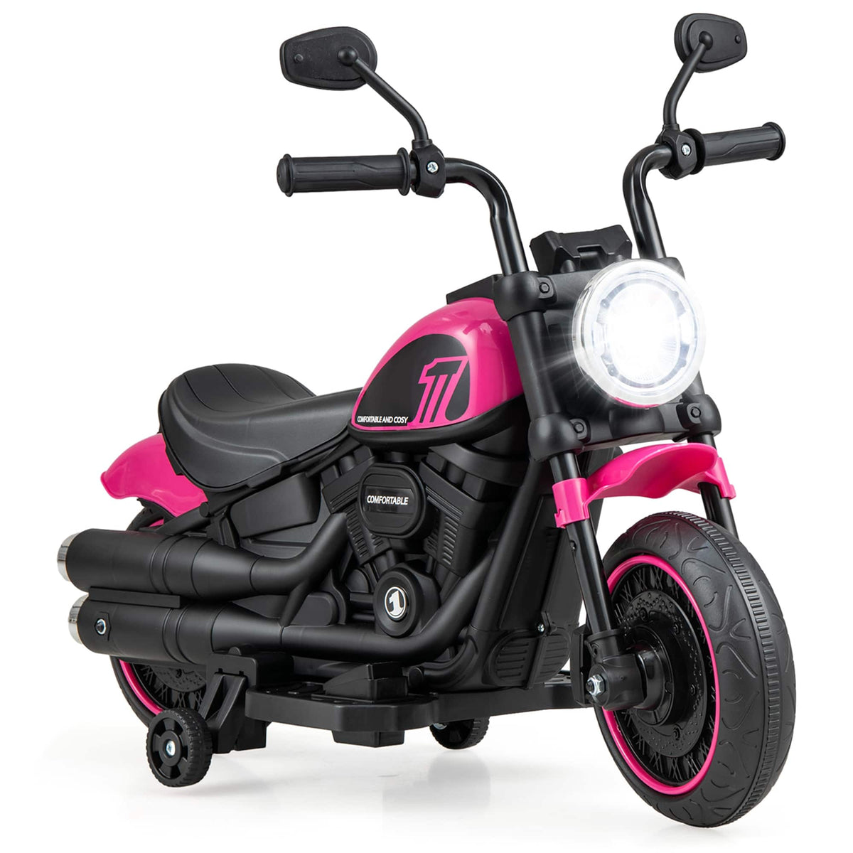 Costway - 6V Kids Electric Motorcycle with Training Wheels LED Headlights Music Board - Pink